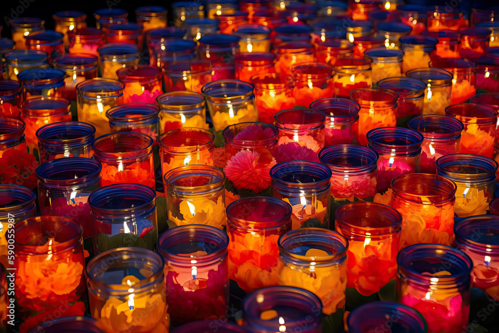 Rows of jar candles, flowers. Day of the Dead cemetery at night, Mexico. Generative AI