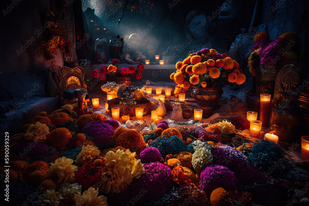 Day of the Dead cemetery at night, Mexico. Generative AI