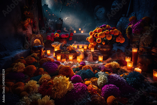 Day of the Dead cemetery at night, Mexico. Generative AI photo