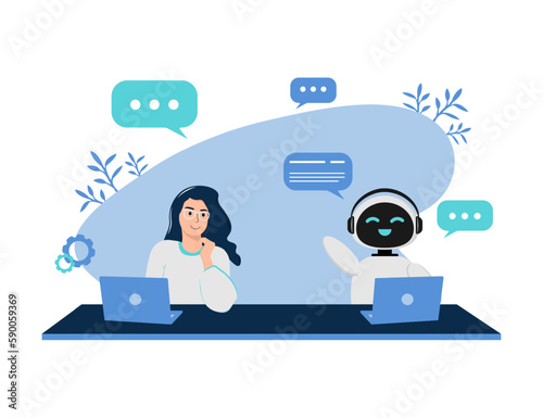 Illustration with a robot and a woman who communicate in a chat bot. Illustration with an AI chatbot. Made in a minimalist flat style, blue shades are used.