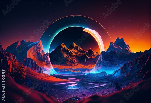 Virtual reality landscape with neon colors  glowing ring  crystal mountains  and dark space. Generative AI