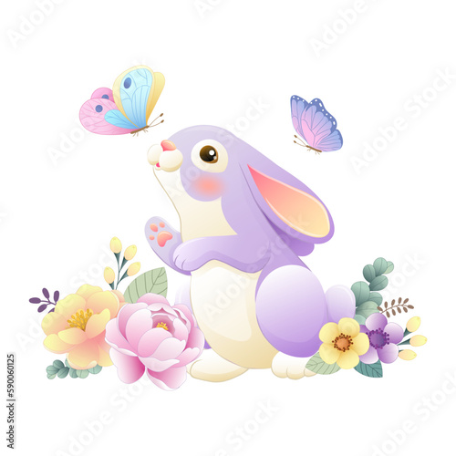 Fototapeta Naklejka Na Ścianę i Meble -  Illustration of a cute bunny with butterflies and flowers