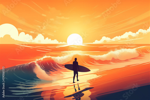 Surf adventure  illustration of young surfer silhouette with long board on the beach  ready to hit the waves and experience the thrill of extreme sports.generative ai
