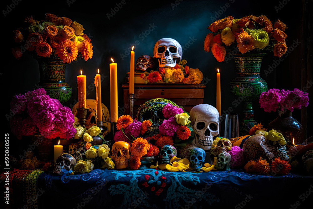 Ofrenda, skulls, flowers, candles. Day of the Dead at night, Mexico. Generative AI