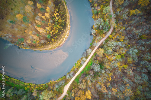 Above aerial shot of green pine forests and yellow foliage groves with beautiful texture of golden treetops. Beautiful fall season scenery in evening. Mountains in autumn colors in golden time