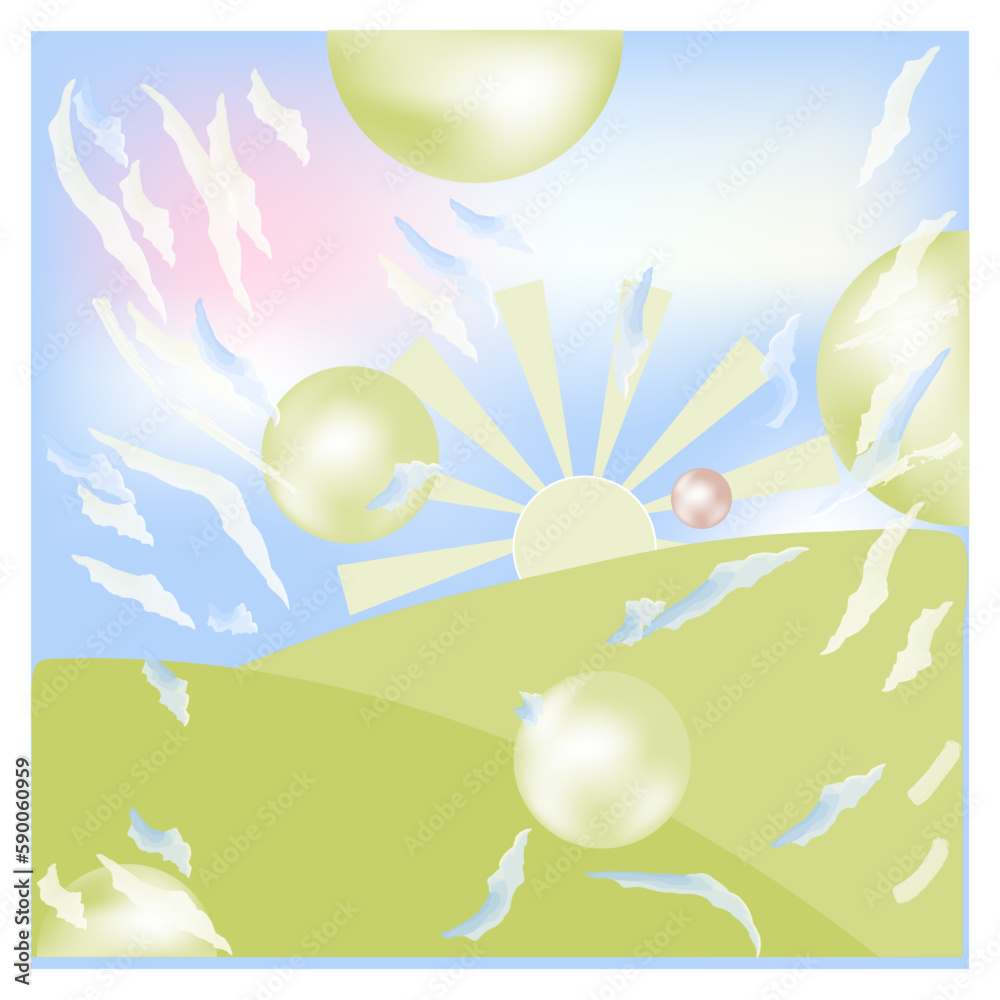 Futuristic picture of a landscape with balls Futuristic picture of a landscape with balls