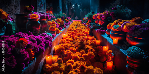 Path of marigolds, purple flowers, candles. Day of the Dead cemetery at night, Mexico. Generative AI