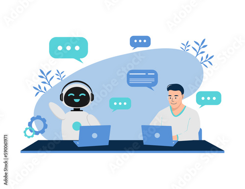 Illustration with a robot and a guy who communicate in a chat bot. Illustration with an AI chatbot. Made in a minimalist flat style, blue shades are used.