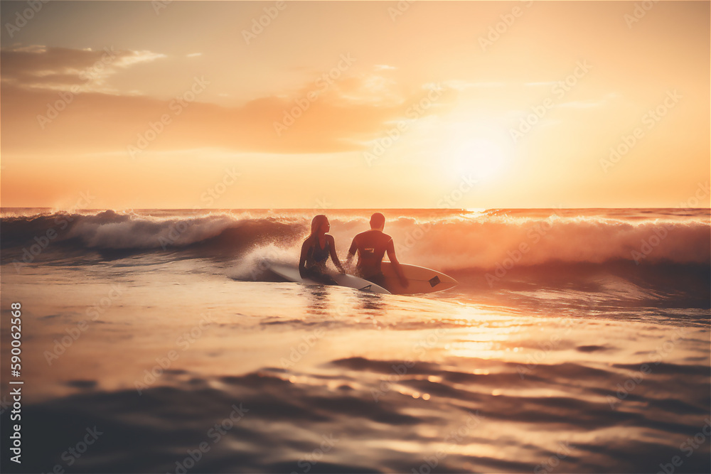 Sunset surf buddies: A wide-angle shot of a couple surfing at sunset, with golden light illuminating the water. The focus is on the couple's bond and shared love of extreme sports.generative ai