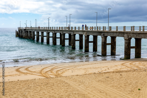 Porto Santo Beach. Pier at Vila Baleira. Popular tourist destination in Portugal Island in the Atlantic Ocean. Vila Baleira in Porto Santo  Madeira  Portugal.