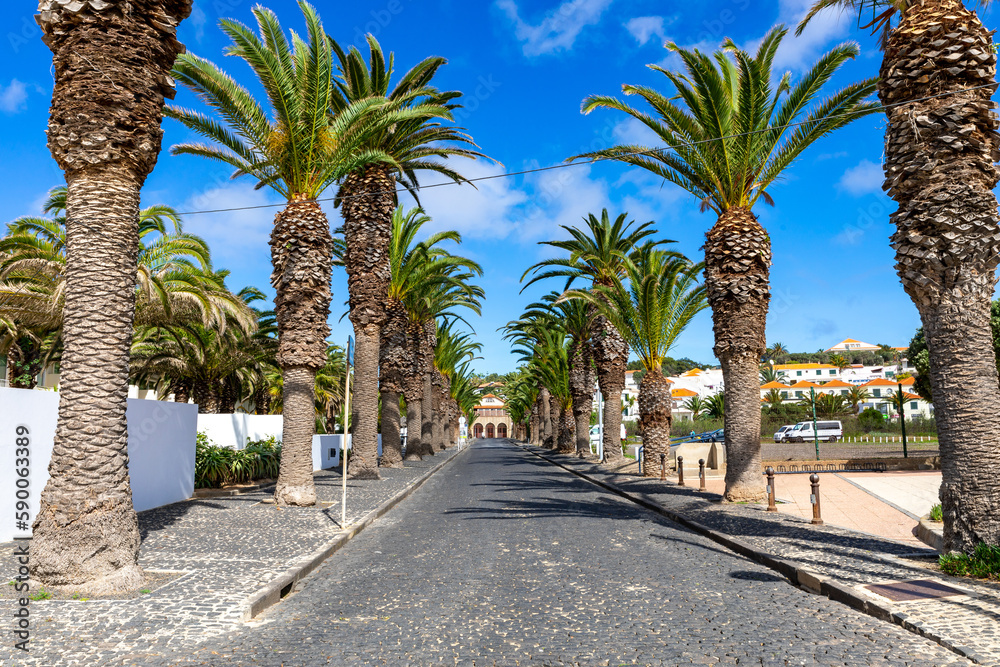 Fototapeta premium Picturesque streets in the tiny Portuguese ocean village Vila Baleira on Porto Santo Island. Portugal.