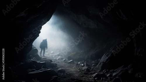  a person standing in a cave with a light coming from the end of the cave and fog coming from the cave behind them, with a person standing in the cave.  generative ai photo