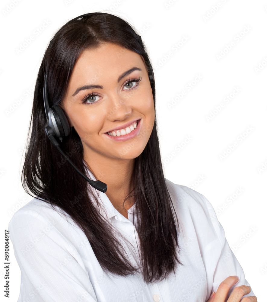 Young woman with headphones, call center or support concept Young woman with headphones, call center or support concept
