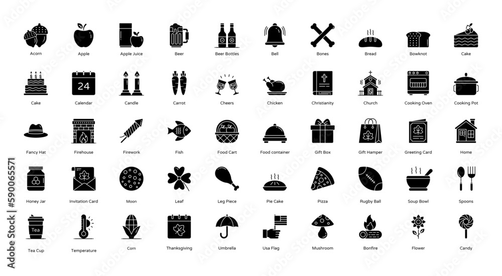 Thanksgiving Glyph Icons Food Event Icon Set in Glyph Style 50 Vector Icons in Black