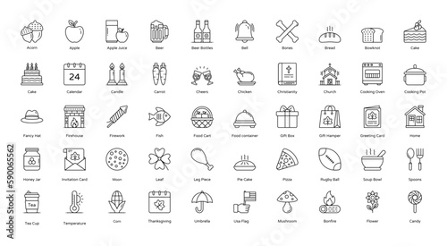 Thanksgiving Thin Line Icons Food Event Icon Set in Outline Style 50 Vector Icons in Black