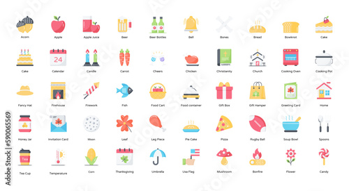 Thanksgiving Flat Icons Food Event Icon Set in Color Style 50 Vector Icons