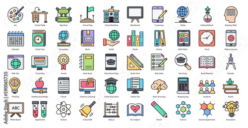 School Color Line Icons Education Library Books Icon Set in Filled Outline Style 50 Vector Icons