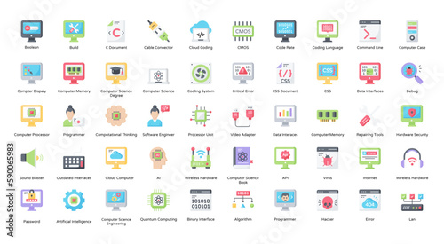 Computer Science Flat Icons Technology Algorithm Icon Set in Color Style 50 Vector Icons 
