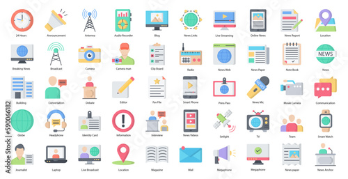 Journalism Flat Icons Journalist Camera News Icon Set in Color Style 50 Vector Icons 