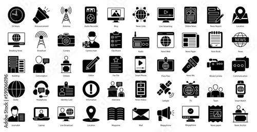 Journalism Glyph Icons Journalist Camera News Icon Set in Glyph Style 50 Vector Icons in Black