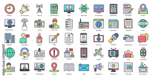 Journalism Color Line Icons Journalist Camera News Icon Set in Filled Outline Style 50 Vector Icons 