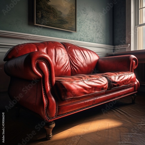 Majestic Red Leather Couch Used by a Psychiatrist - Enhance Your Waiting Room Decor with Generative AI-Generated Art photo