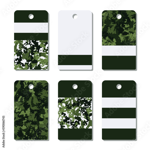 Tag set with abstract dark green military pattern.