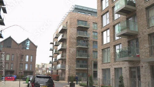 London, United Kingdom, 5 April 2023: Architectural detail of a modern apartment building.Redevelopment of a old West Ham United Football 
Stadium in Green Street