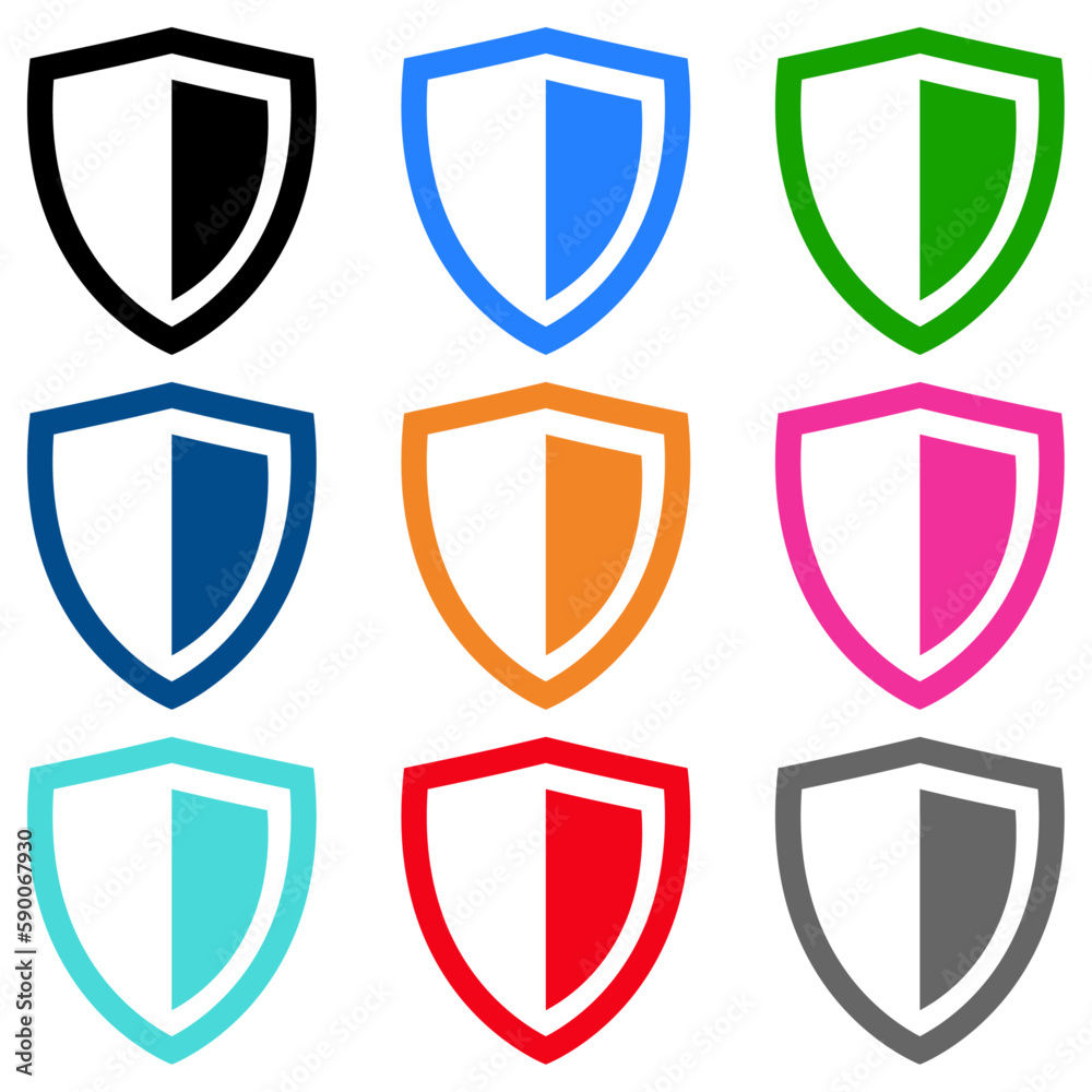 Shield icon set, flat style, black, blue, green, orange, red, pink , gray colors symbol for game, web, app, mobile, product, service, label, sticker, UI, logo. Trendy illustration design isolated Shield icon set, flat style, black, blue, green, orange, red, pink , gray colors symbol for game, web, app, mobile, product, service, label, sticker, UI, logo. Trendy illustration design isolated