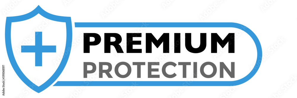 Shield icon with plus sign and black premium protection text. Flat style blue color vector symbol for medical, bacterial or virus defense, product, service, label, logo. Design isolated on white. Shield icon with plus sign and black premium protection text. Flat style blue color vector symbol for medical, bacterial or virus defense, product, service, label, logo. Design isolated on white.