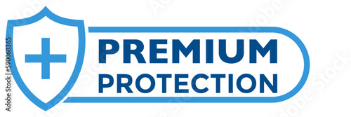 Shield icon with plus sign and premium protection text. Flat style blue color vector symbol for medical, bacterial or virus defense, product, service, label, logo. Design isolated on white.