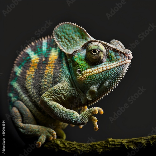 Chameleon isolated on a black background, Generative Ai