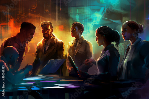 a diverse multicultural group of business people in a conference, meeting or brainstorming session, Painterly futuristic illustration, generative AI