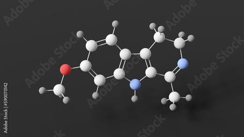 harmaline molecule, molecular structure, fluorescent indole alkaloid, ball and stick 3d model, structural chemical formula with colored atoms photo