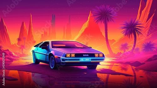 Illustration of a retro sports car of the 1980s at the Egyptian pyramids. Retro-futuristic landscape. Generative AI