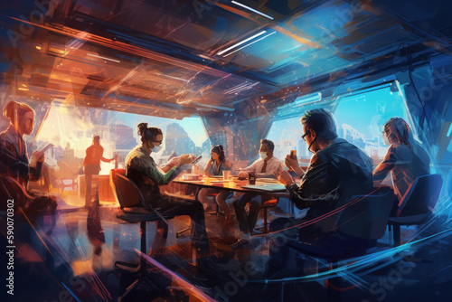 a diverse multicultural group of business people in a conference, meeting or brainstorming session, Painterly futuristic illustration, generative AI
