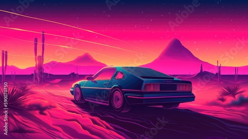 Illustration of a retro sports car of the 1980s at the Egyptian pyramids. Retro-futuristic landscape. Generative AI