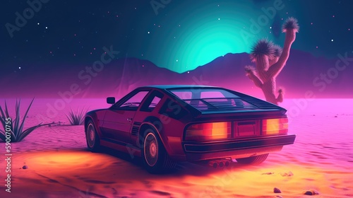 Illustration of a retro sports car of the 1980s at the Egyptian pyramids. Retro-futuristic landscape. Generative AI