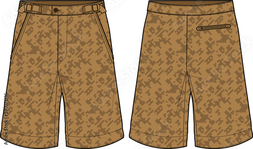 Chino sartorial Shorts design flat sketch vector illustration, tailored printed casual shorts concept with front and back view, printed walking bermuda walking shorts design illustration