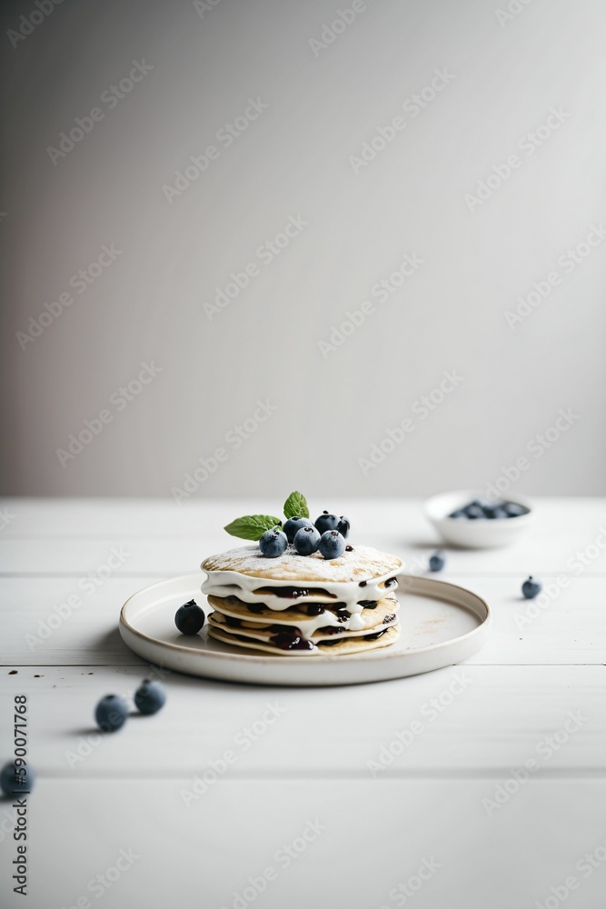 pancakes à la myrtille sur une table en bois blanc,  illustration culinaire ia générative  2