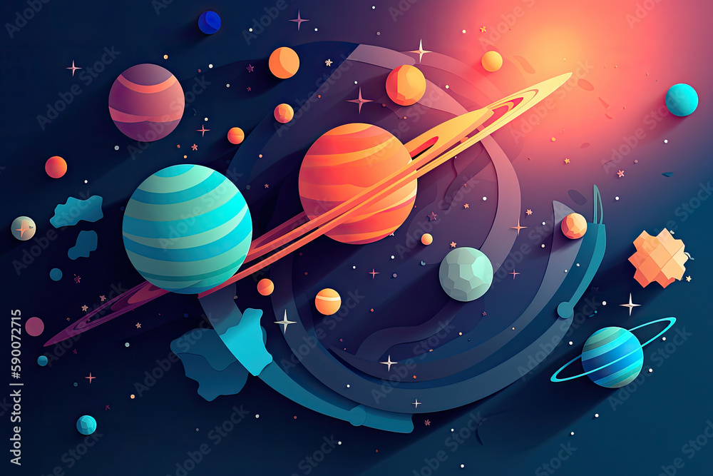 Fototapeta premium abstract space background with planets and solar system from colored paper. Generative AI