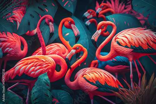 Flamingos in the forest created with Generative AI technology 
