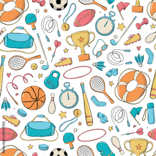 sports and fitness seamless pattern with doodles on white background. Good for wrapping paper, textile prints, wallpaper, packaging, banners, etc. EPS 10