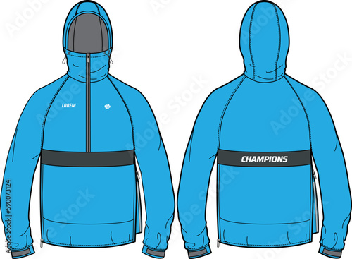 Long sleeve Cagoule Shell Hoodie jacket design flat sketch Illustration, Hooded weather jacket with front and back view, winter jacket for Men and women. for hiker, outerwear and workout in winter