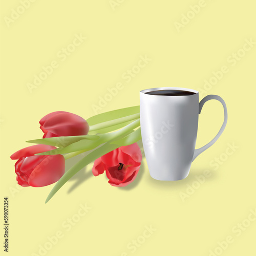 a cup of coffee with tulips