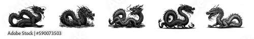 Set of emblems traditional chinese dragonon on transparent background