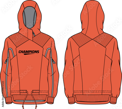 Long sleeve tech shell Hoodie jacket design flat sketch Illustration, Hooded utility jacket with front and back view, winter jacket for Men and women. for hiker, outerwear and workout in winter