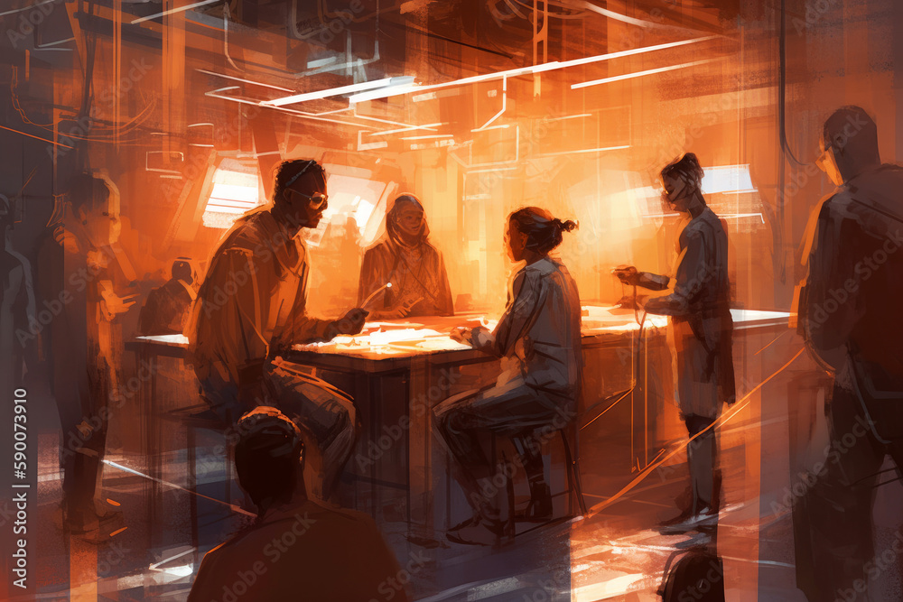 a diverse multicultural group of business people in a conference, meeting or brainstorming session, Painterly futuristic illustration, generative AI a diverse multicultural group of business people in a conference, meeting or brainstorming session, Painterly futuristic illustration, generative AI