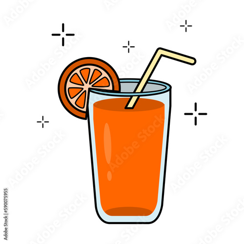 Orange fruit juice in a glass with yellow pipe icon. Fresh drink, health beverage, refreshment, vitamin C, diet, citric. Vector with editable colors and stroke.