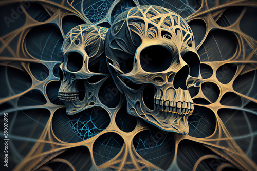 two patterned artistic two beautiful skull on an abstract openwork background. Generative AI